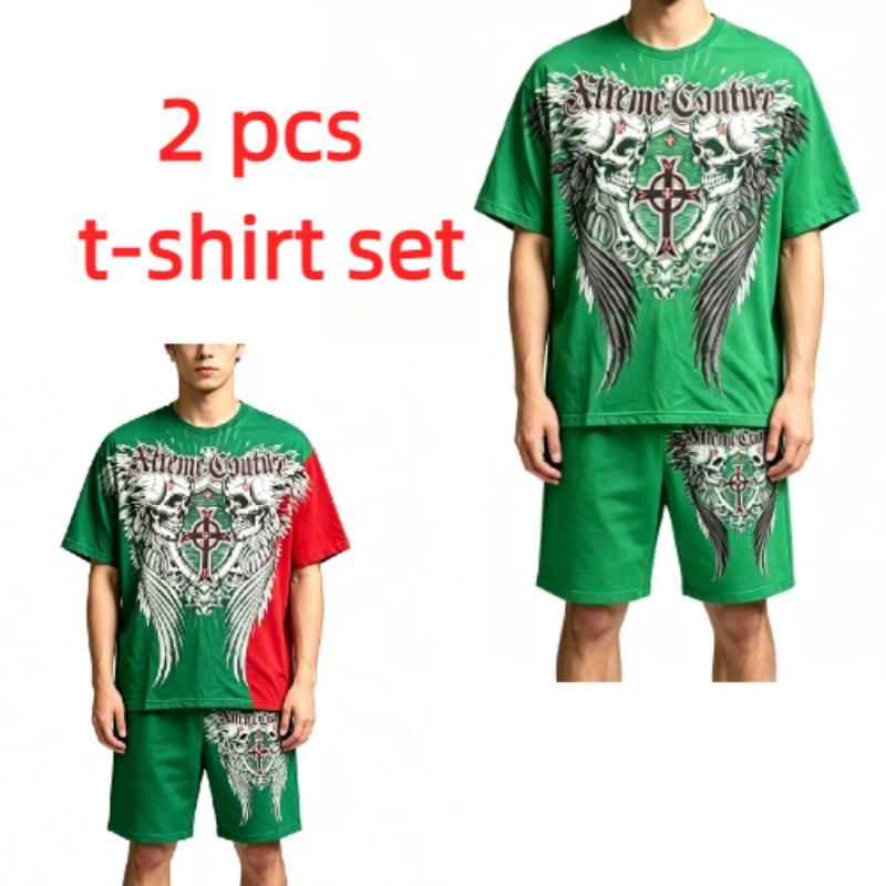 Summer Fashion Casual Retro Skull Angel Wing Printed Round Neck Short Sleeved T-Shirt And Shorts Set Men's and Women's T-shirt Shorts Set