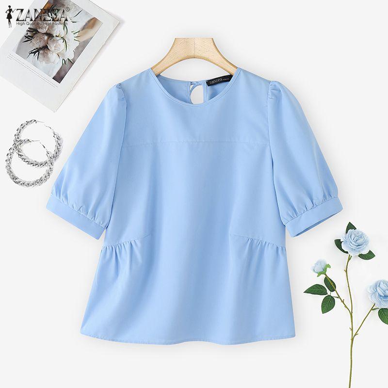 

ZANZEA Женская блузка с круглым вырезом, короткими рукавами, однотонная, повседневная 4XL синий