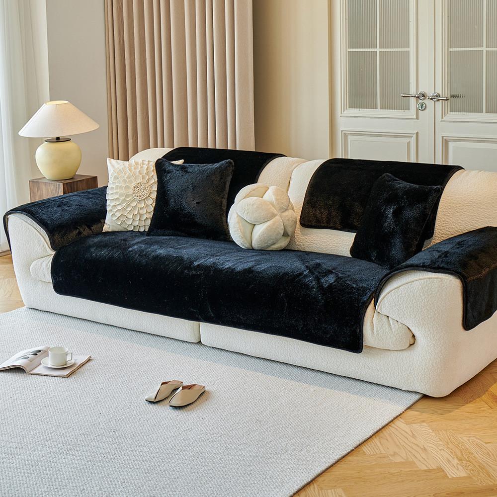 Solid Color Winter Plush Sofa Cushion Anti-Slip Thickened Warm Durable Dustproof Seat Cover Throw Blanket Machine Washable