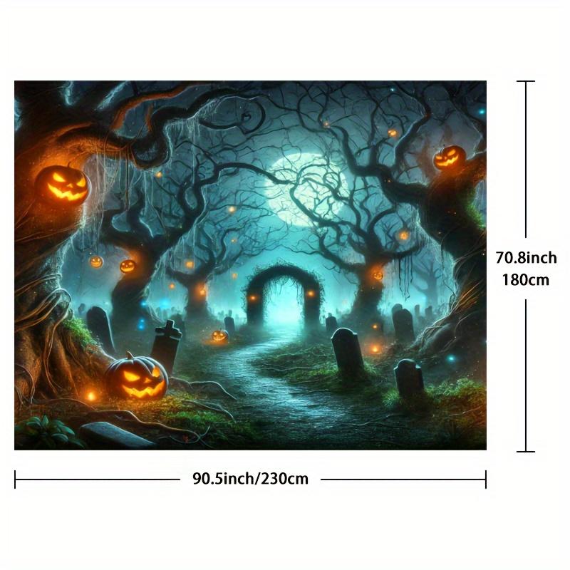 1Pcs Halloween Photography Background Cloth, Pumpkin Lanterns and Twisted Trees in the Mysterious Forest