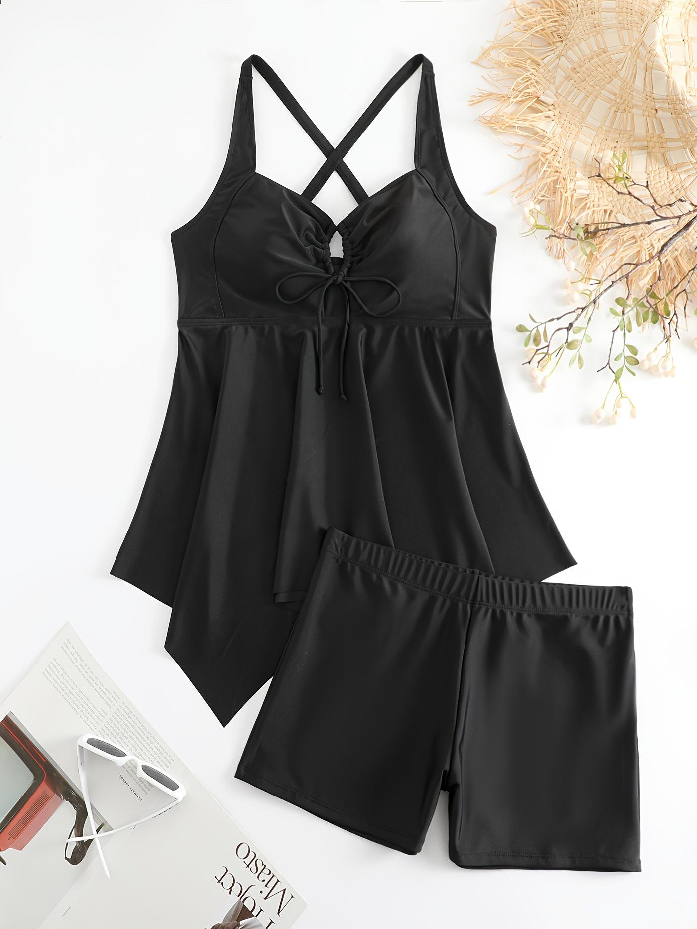 

Танкини большого размера 2025: Европейский и американский стиль, купальник-двойка, закрывающий живот, дизайн с вырезами 4XL чёрный