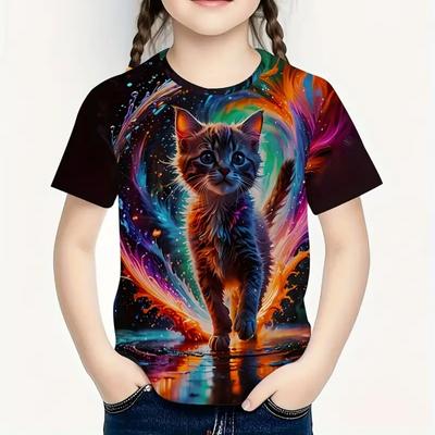 Kinder Mädchen Kleidung Druck Niedliche Katze Grafik T-Shirts Sommer Mode Lässig Rundhals Kurzarm Streetwear T-Shirt für Mädchen