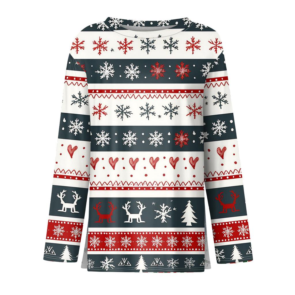 Women's Fashion Casual Slit Hem Round Neck Long Sleeve Loose Christmas Printed T-Shirt Ladies Top