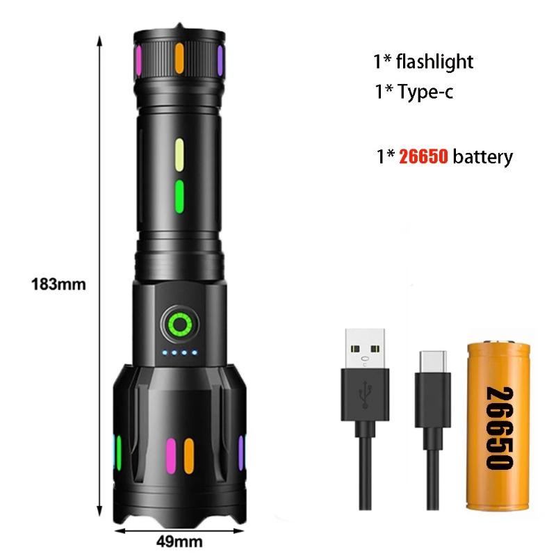 High Power 10000LM Spotlight Long Range LED 26650 Flashlight With Luminous StripsTail Glass Breaker Zoom Torch Camping Emergency