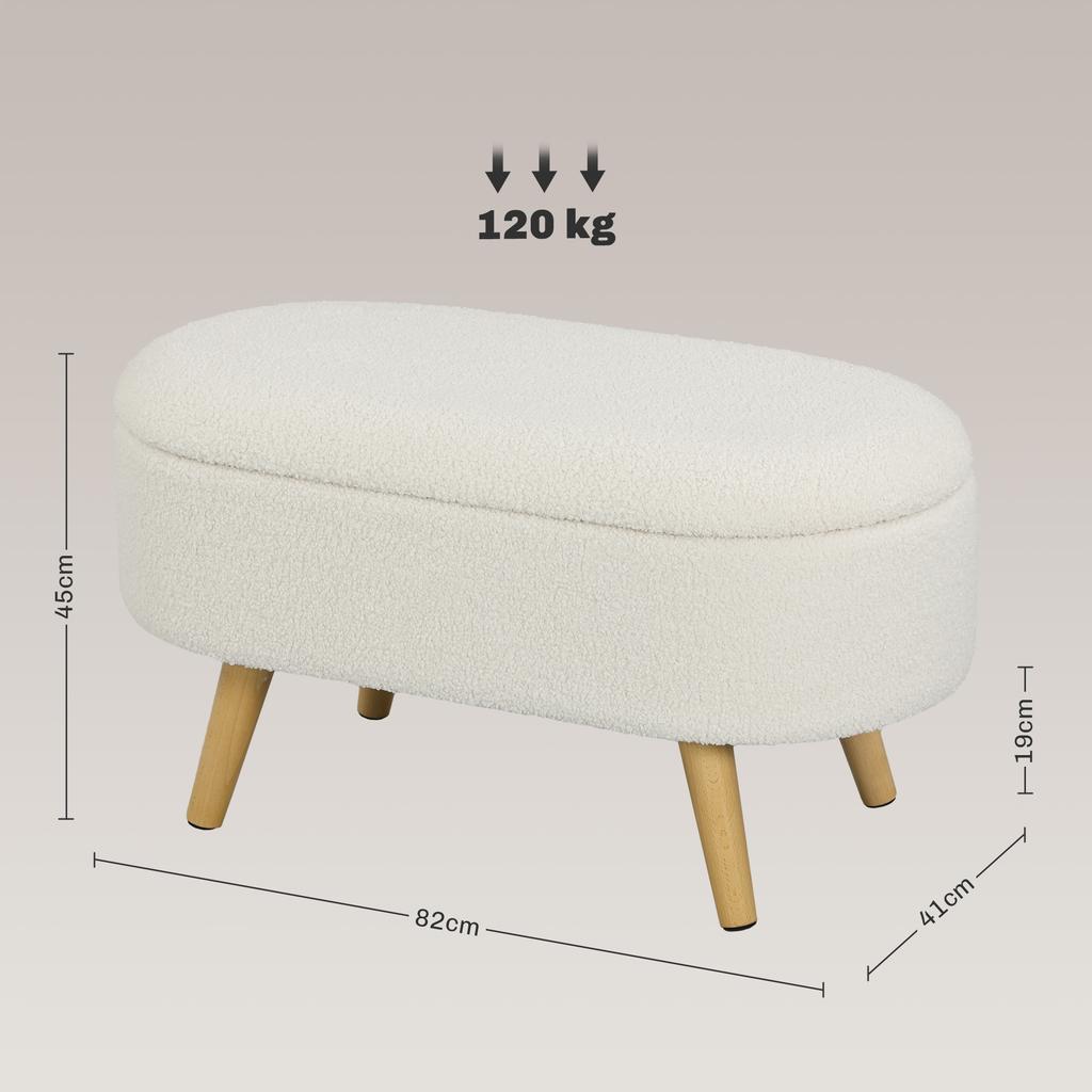 Storage Bench, Plush Padded Bed End with Lid and Wooden Legs, 82 x 41 x 45 cm, White