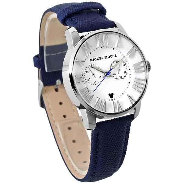 Disney Ladies Mens Mickey Watch 3D Index Chronograph Model Unisex Simple Womens Leather Belt Stainless Steel Genuine (Navy Leather)