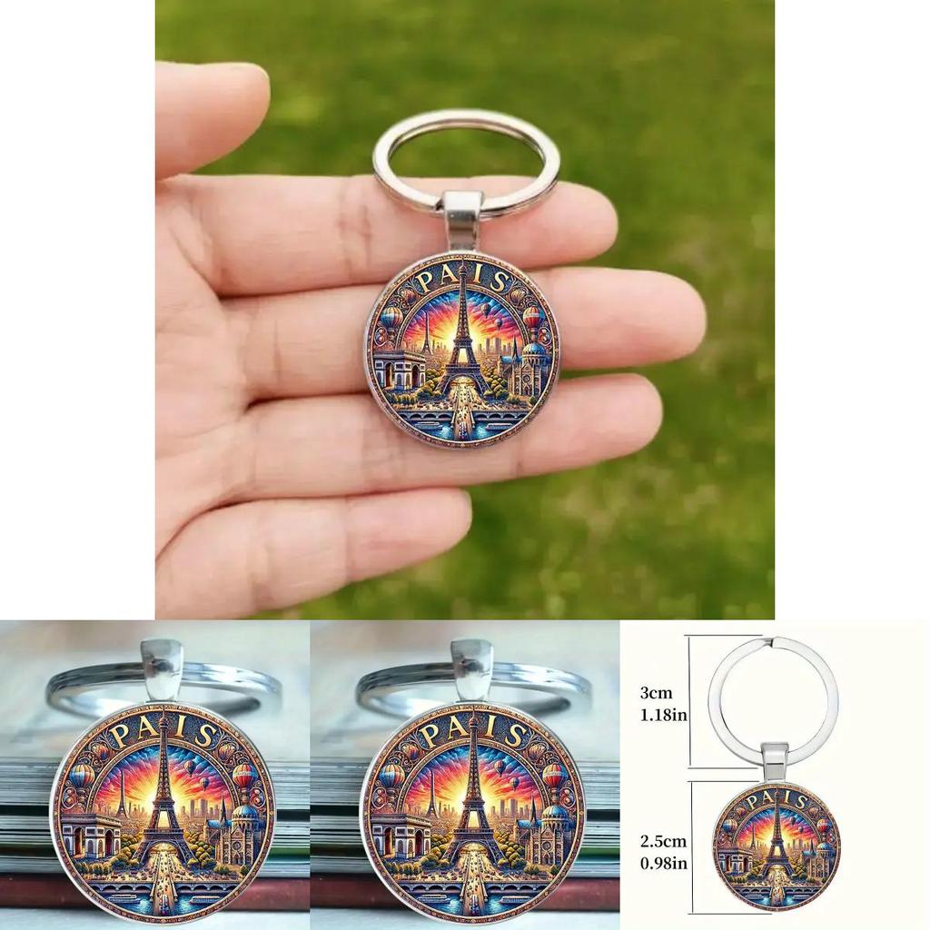 Paris Dusk Scene Keychain With Glass Alloy Pendant For Gift And Decor