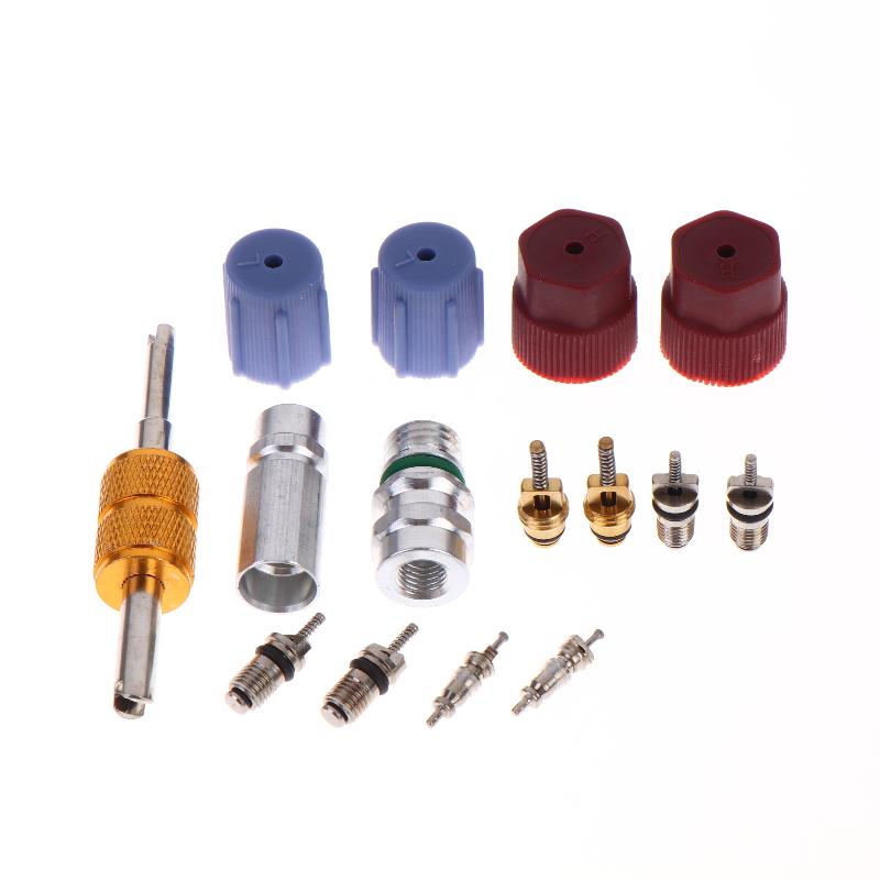 Kit de 17 Piezas de Vástagos de Válvula Schrader de Refrigeración R12 R134A para Coche, Tapas de Sellado para Puerto de Servicio y Carga, Núcleos de Válvula de Aire Acondicionado