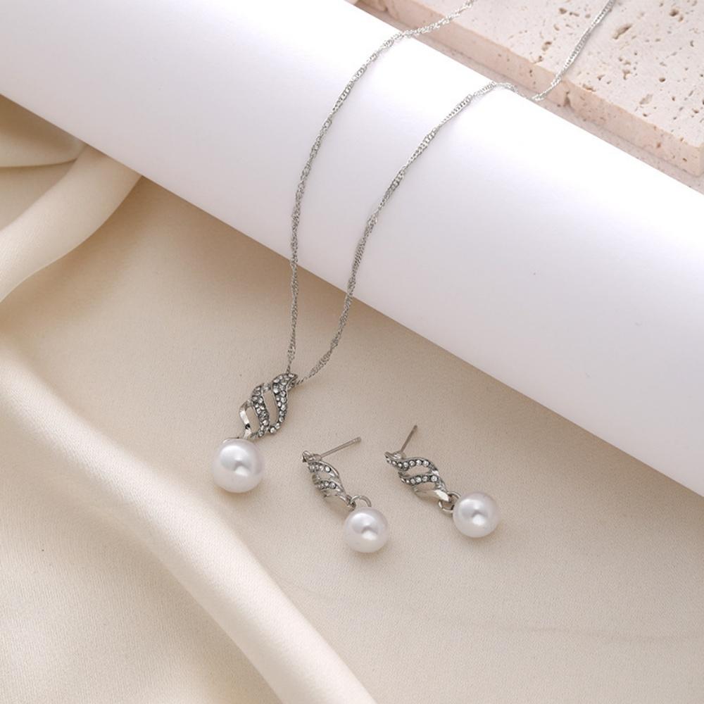 Jewelry Set For Women  3pcs Jewelry Set Pearl Necklace Earrings Set Elegant Zircon Flower Jewelry For Everyday Wear