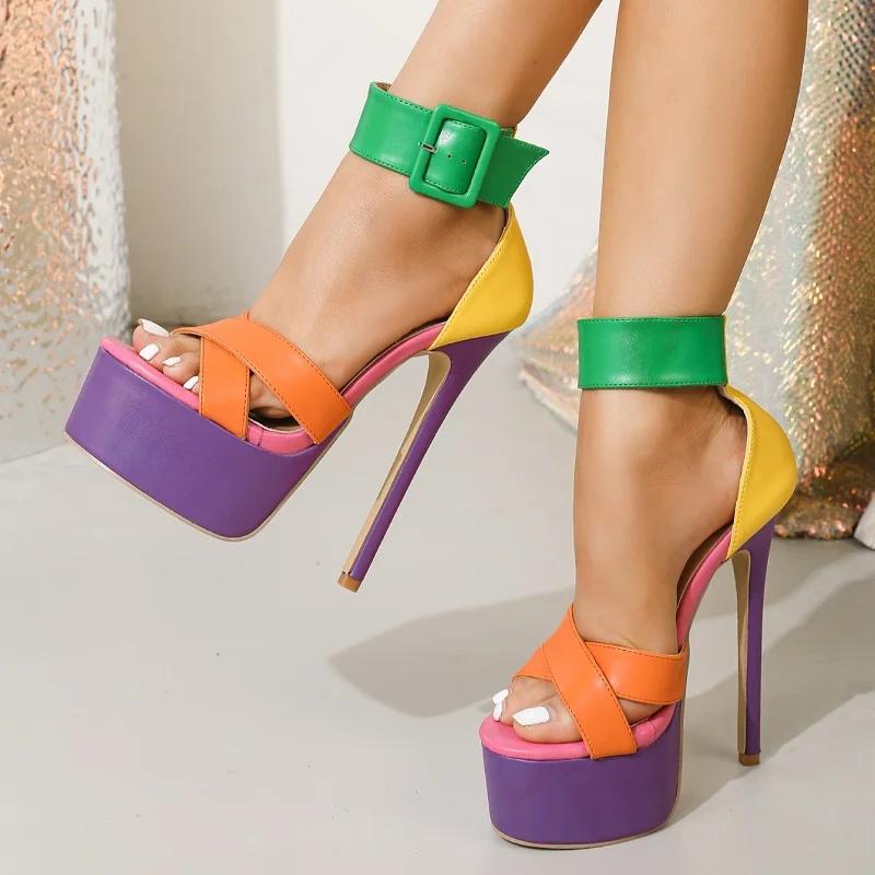 Pesstwei Fashion Nightclub Sexy Open Toe Buckle Color Matching Stiletto Heels Sandals Women Designer Hollow Out Platform Shoes