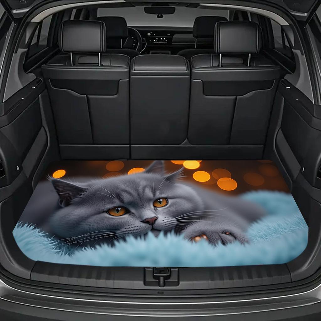 1Pcs Gray Cat Plush Background Car Trunk Mat Anti Slip Cargo Liner Waterproof Storage Protector for SUV Sedan