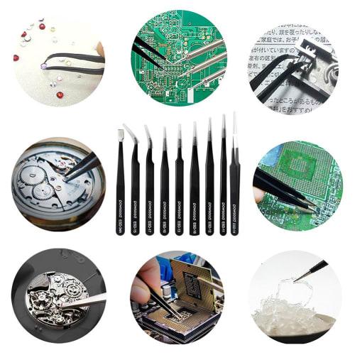 Powseed 9-Piece Precision Tweezers Set, ESD Shielding, Anti-Static, Stainless Steel, Electrolytic, Rust-Resistant, Black Coated, for Precision Machine
