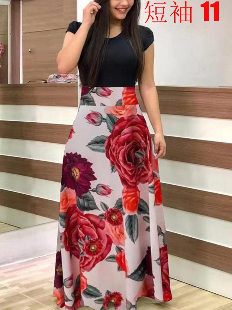 Floral Print Patchwork Short Sleeve Bohemian Dress Women Summer Dress O Neck Big Swing Long Dresses