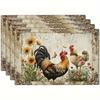2-4pcs Country Rooster and Sunflower Floral Placemats, Vintage Farmhouse Chicken Design, Square 12x18 Inches, Machine Washable for Kitchen and Dining