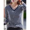 Women's /Korean Style V-Neck Striped T-Shirt - Soft Medium-Stretch Casual Blouse, Machine Washable Spring/Fall Layering Piece