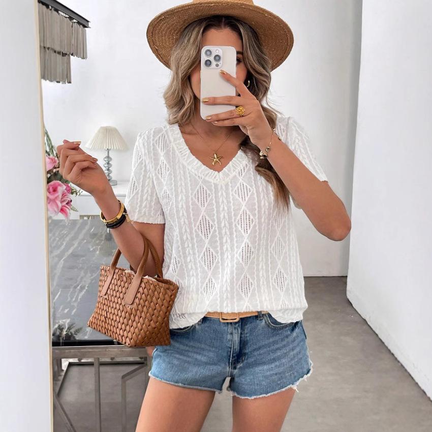 

Женская летняя футболка с коротким рукавом, V-образным вырезом, ажурной сеткой, однотонная, пуловер XL