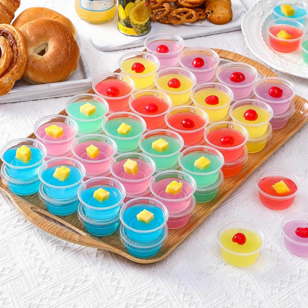 Jello Shot Cups with Lids,Stackable Food Safe Disposable Plastic Portion Condiment Dipping Sauce Cups for Salad Dressing