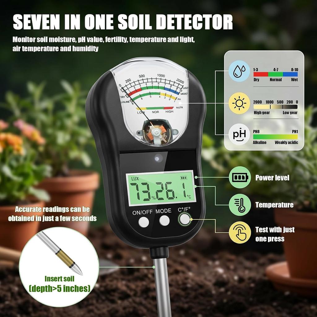 Portable 7-in-1 Soil Moisture Meter, Dual Display Plant Tester with 90° Adjustable Head, Measures Moisture/pH/Fertility/Light/Soil & Air Temp/Humidity