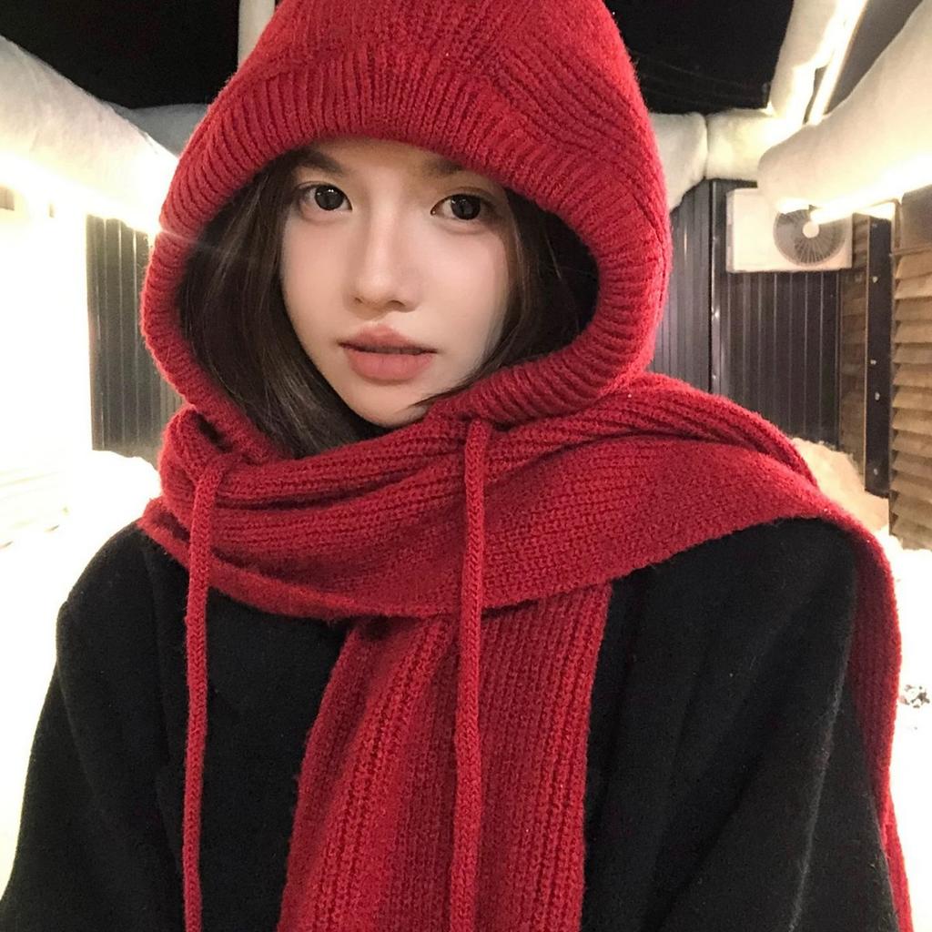 Balaclava hat women's autumn and winter big head circumference ear protector wool hat warm knitted hat scarf integrated hat