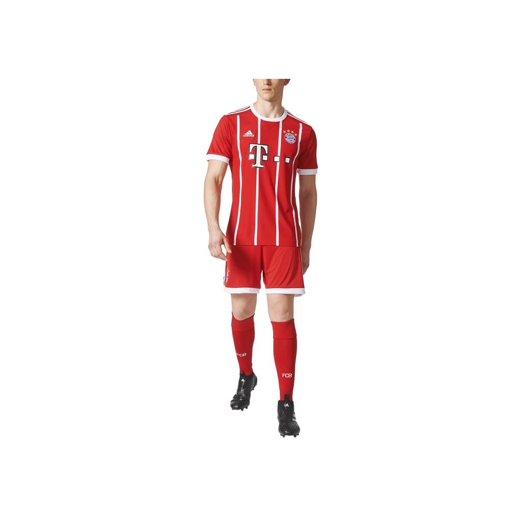 Adidas Bayern Munich 17-18 Home Game Replica Striped Round Neck Straight Cut Short Sleeve Soccer Jersey Men Tops Red AZ7961