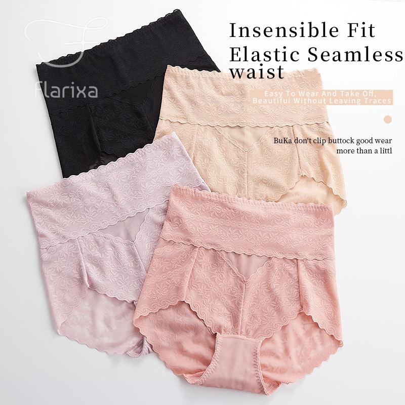 Flarixa Women Sexy Lace Panties High Waist Tummy Control Briefs Floral Perspective Uderwear Female Hollow Transparent Underpant
