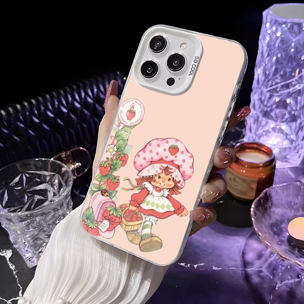 Pink Strawberry Cartoon S-Shortcake Phone Case For iPhone 16 15 14 13 12 11 Pro Max White Matte Laser Metallic Aurora Funda
