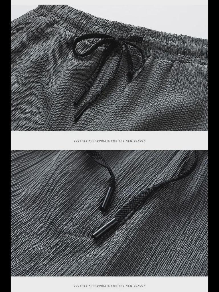 Men's Ice Silk Summer Casual Sports Suit with Graphic Text and Drawstring Shorts