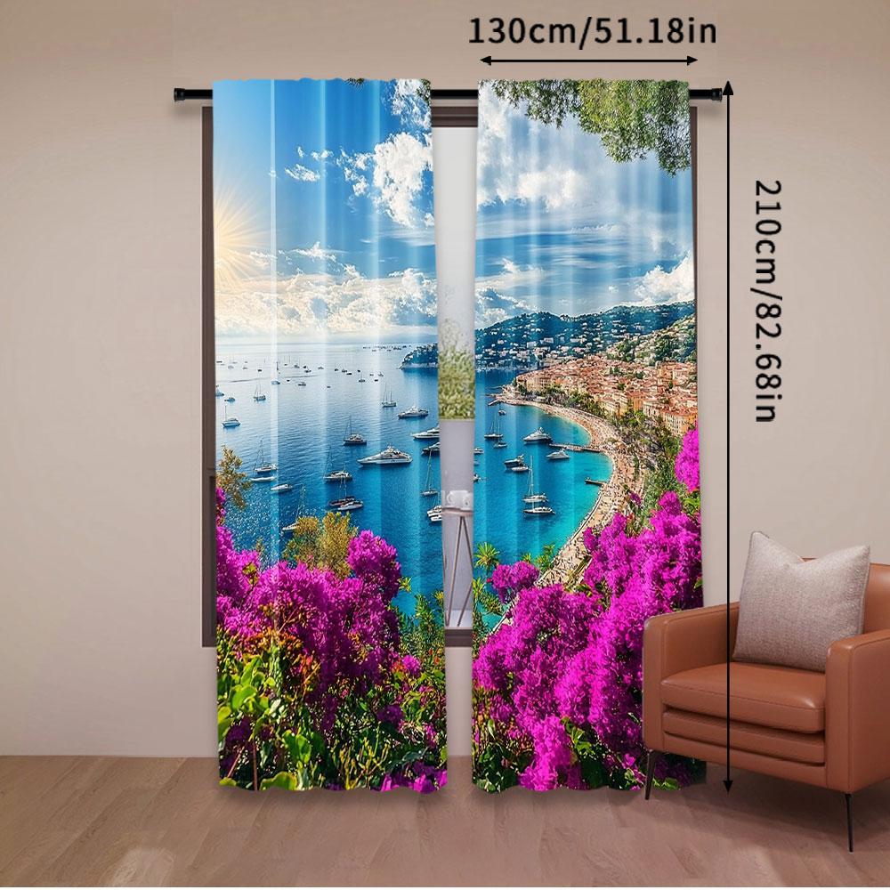2Pcs French Riviera Coast View Curtains Medieval Town Landscape Curtains Sunshine Blue Sky Beach Curtains A