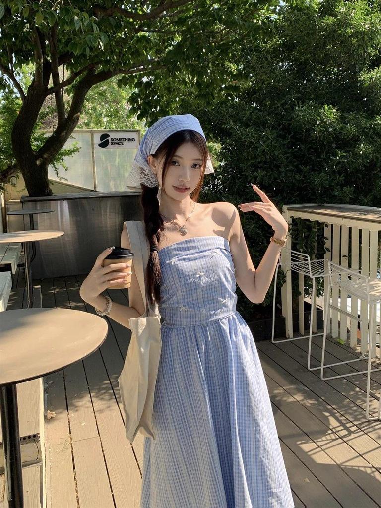 French Blue Checkered Spaghetti Strap Sleeveless Tank Dress - Women's Summer 2025 Seaside Vacation Long Dress