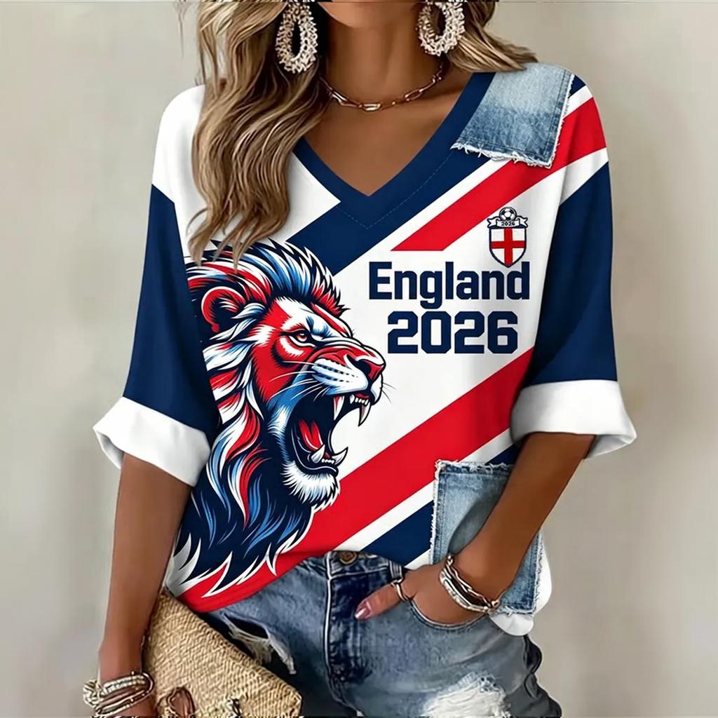 Top da donna leggero con scollo a V e stampa grafica Design Calcio Inghilterra 2026 Camicia casual per primavera estate Vestibilità ampia