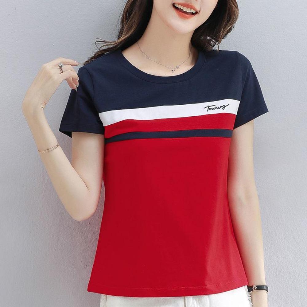 Summer Female   Cotton Embroidered Short-Sleeved T-shirt Women's Fashion Stitching Top Half-Sleeved T-shirt