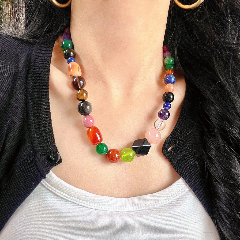 8-20mm Natural Mahogany Grain Ice Obsidian Tiger's Eye Lapis Lazuli Amethyst Rose Quartz Multi-treasure Necklace Clavicle Chain