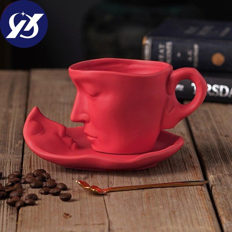 Ceramic Coffee Cup And Saucer Set Creative Abstract Art Design Matte Macaron Colors Afternoon Tea Coffee Mug Kitchen Drinkware