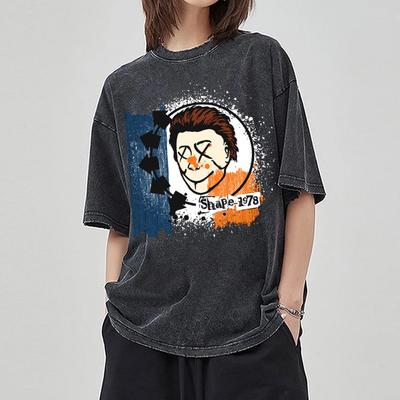 Portrait Print Women's T-Shirt Cotton Short Sleeve Washed Denim Fabric Loose Plus Size Unisex Top Design