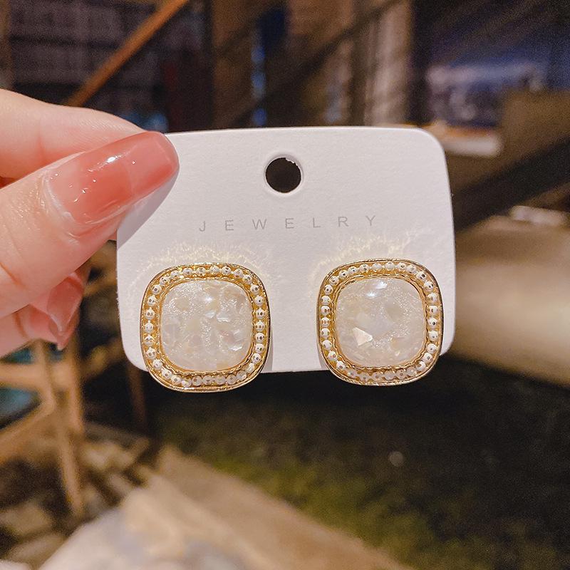 Korean Japanese Style S925 Sterling Silver Geometric Square Earrings with Irregular Shell Fragments for Women