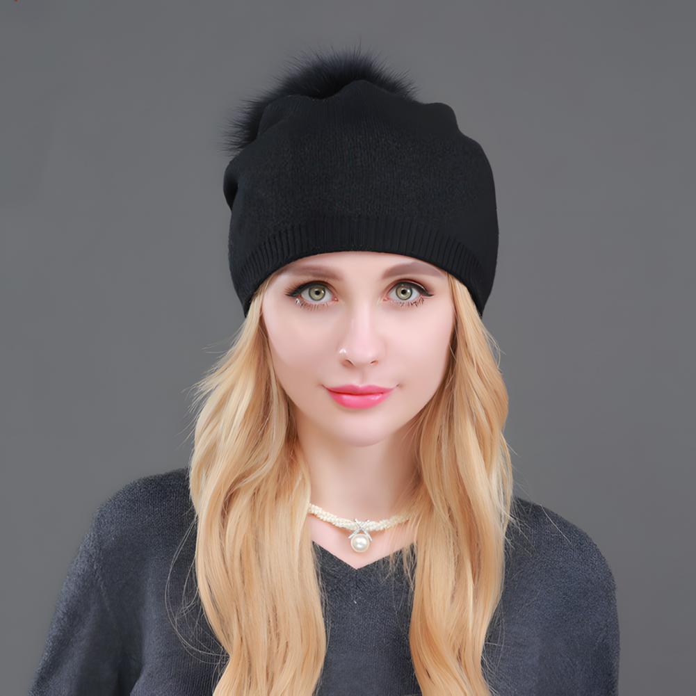 Winter Lady Hat Knitted Thick Stretchy Plush Ball Decor Solid Color Ear Warm Daily Wear Cap Outdoor Skiing Skating He
