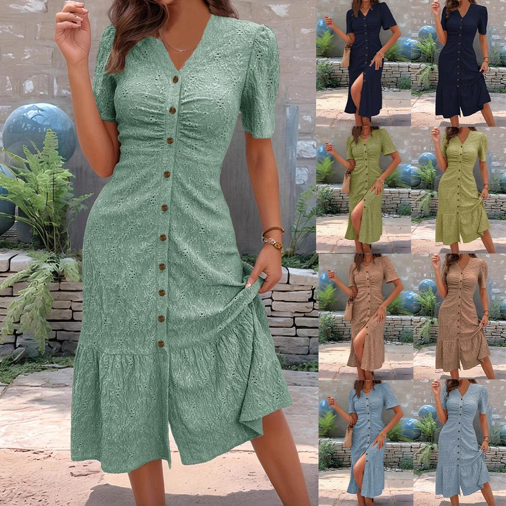 Women's Eyelet Embroidery V Neck Maxi Dress Short Sleeve Ruched Button Front Mermaid Hem Casual Dress