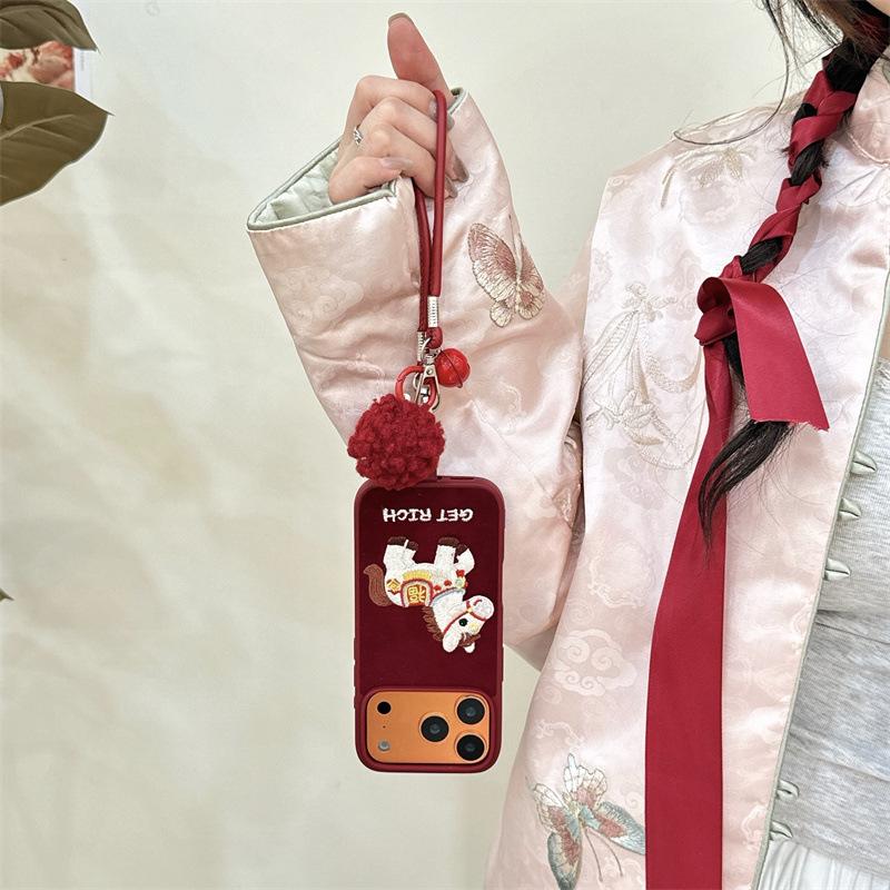 New Year Embroidered Fu Horse Lanyard for iPhone 17, 16 Pro Max, 15, 14 Case