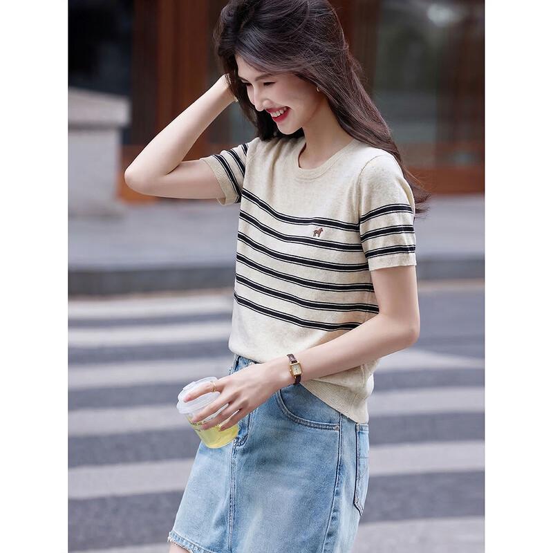 Women s Lyocell Linen Blend Striped Knit Pullover One Size