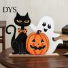 Holiday Window Display Items Halloween Table Decor, Wooden Black Cat Ghost Pumpkin Decorations Indoor Cute Small Signs Gifts, Room Decor for