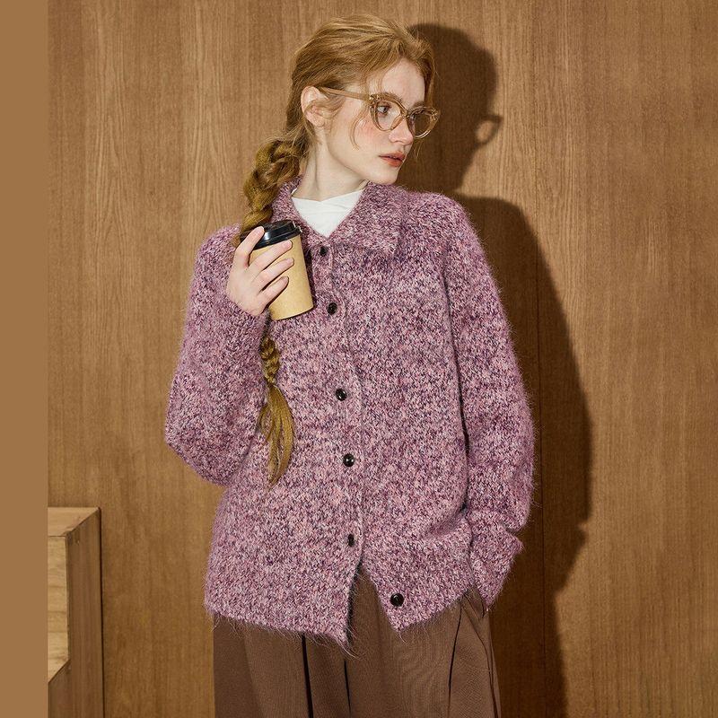 Coolhut Multicolored Lapel Soft Retro Floral Loose Versatile Sweater Winter New Knitted Jacket for Women