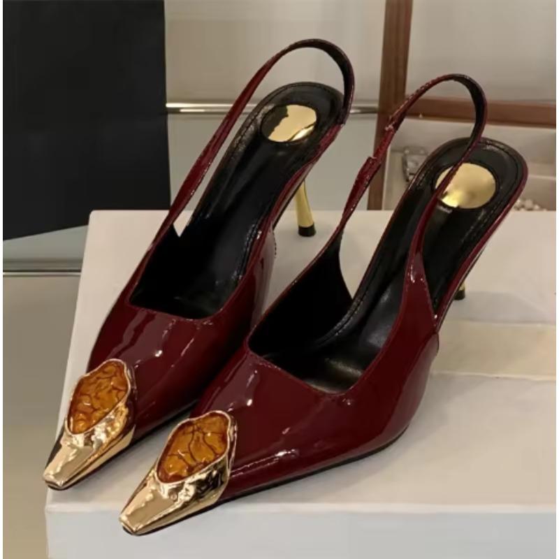 New Designder Inlay Gems Pointed Toe Patent Leather Sexy Slingback Sandals Women Pumps High Heels Wedding Banquet Shoes