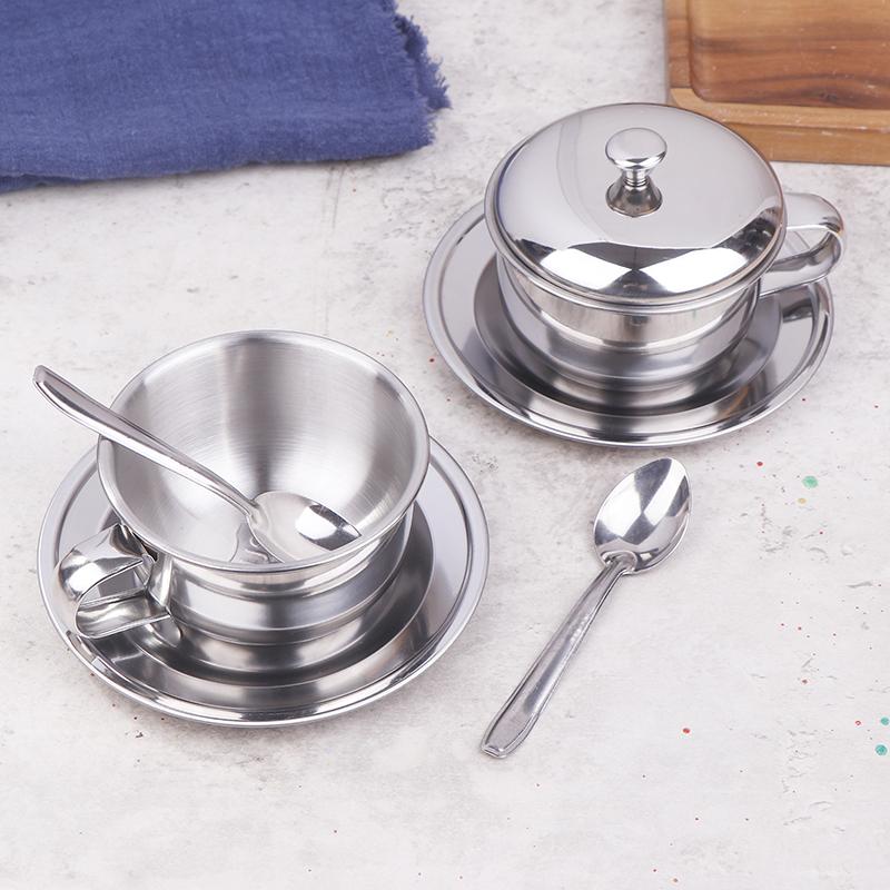 Stainless Steel Coffee Cup With Tray Spoon With/Without Lid Heat Resistant Mug Drink Tableware Kitchen Cafe Accessories