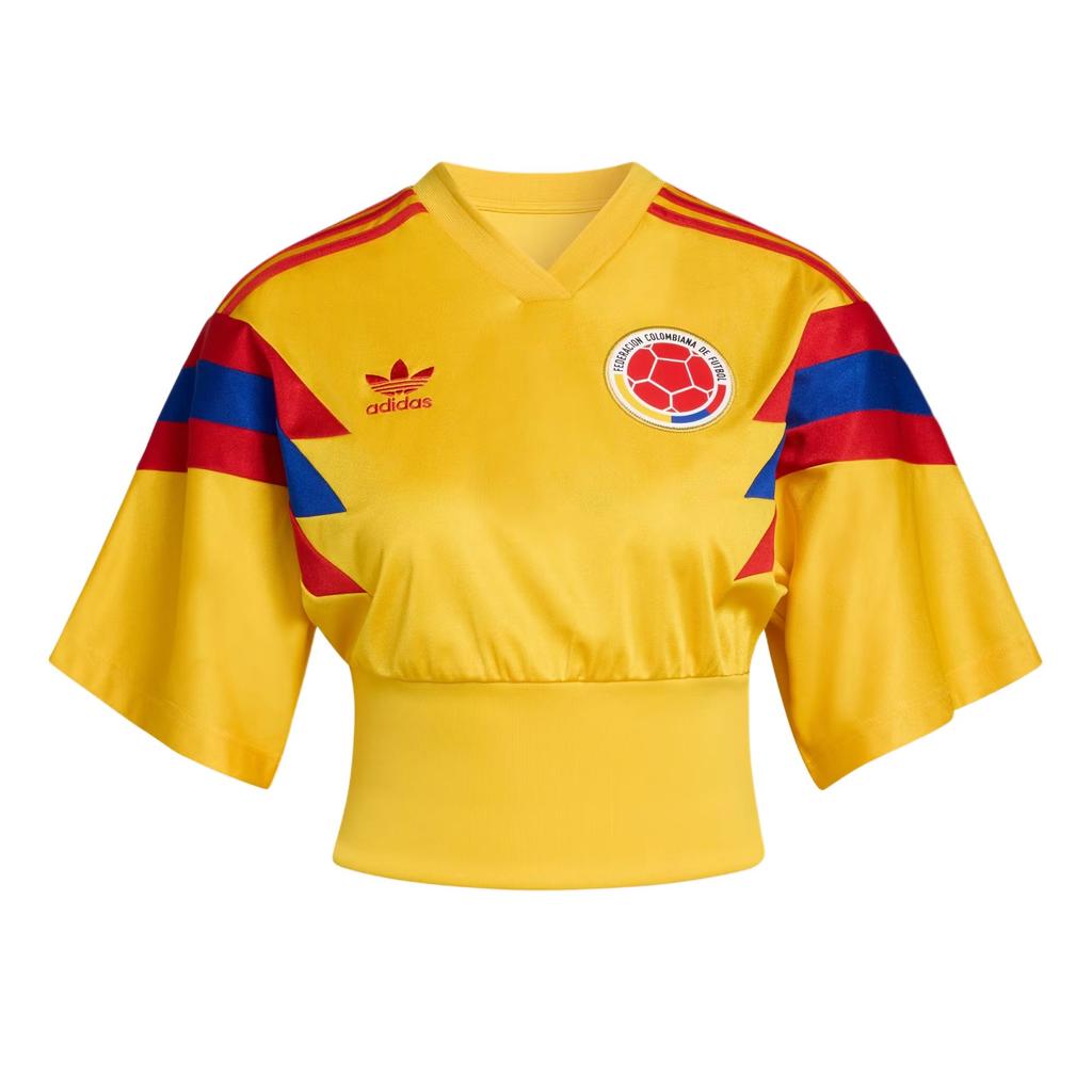 adidas Orijinaller SS25 Kolombiya Yeniden Yapılandırılmış Geri Getirme V Yaka Çizgili Renk Bloklu Kısa Kollu Futbol Forması Kadın üstleri KE2294