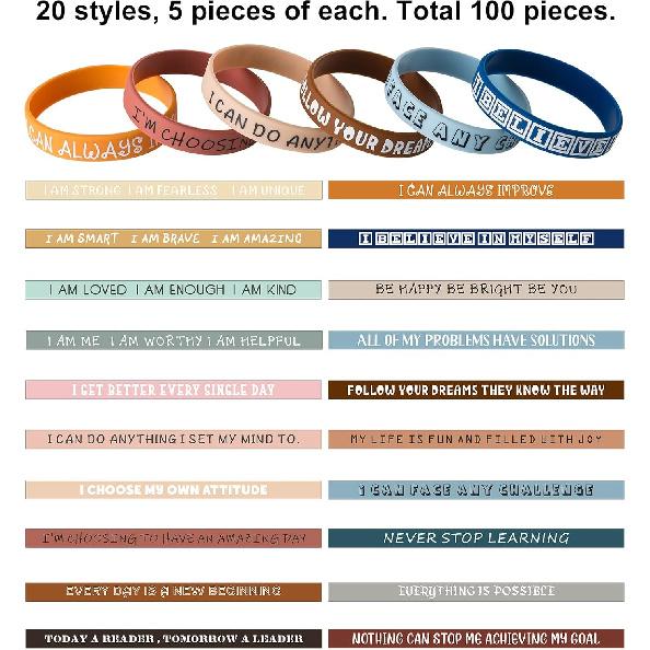 QEERBSIN 100 Pieces pirational Quote Wristbands -Bulk Pack Colored Motivational Bracelets- Stretch Unisex Wristbands for Men Women Teen Gifts, Party