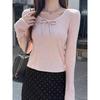 Women's Sweet & Spicy Bow Tie Lace Spliced Long Sleeve Slim Fit Top