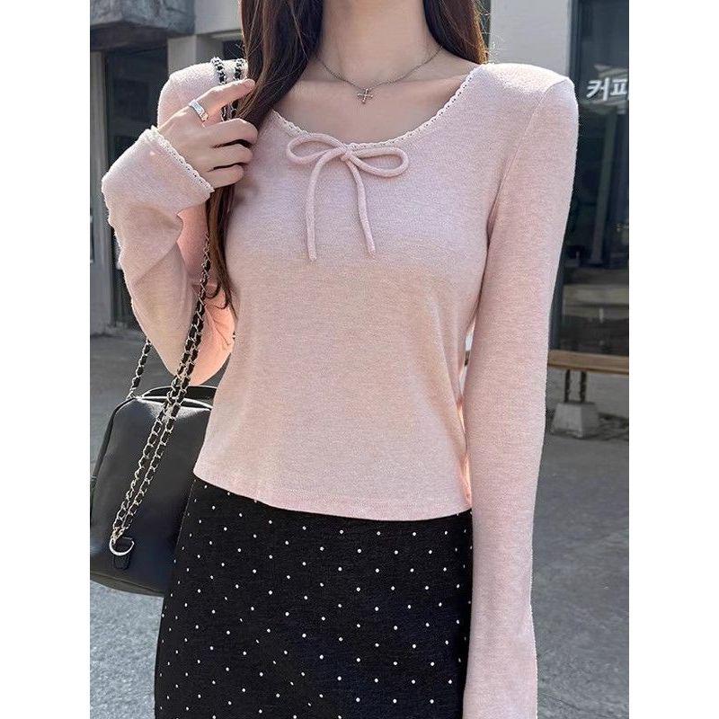 Women's Sweet & Spicy Bow Tie Lace Spliced Long Sleeve Slim Fit Top