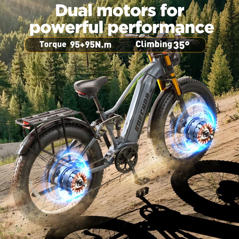 BURCHDA RX80 Adult Electric Bike Dual Motor AWD 3000W Peak 20AH 48V 80 Miles Long Range 26" Full Suspension Fat Tire Mountain Bike
