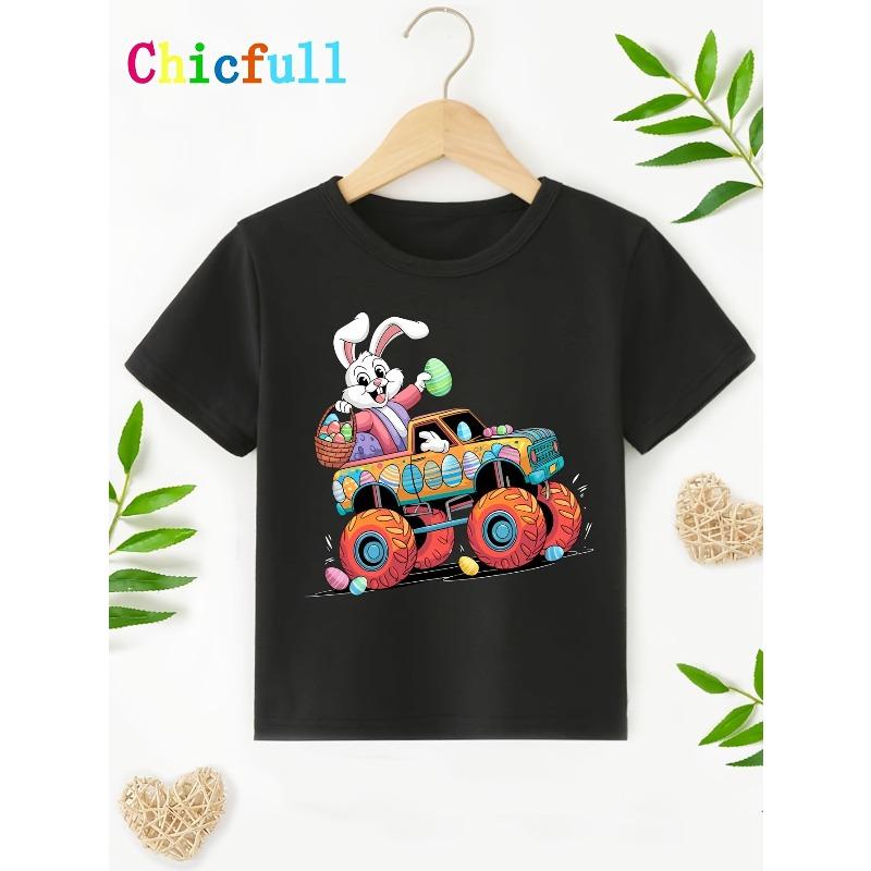 European sizes Children CHICFULL Boys' Easter Bunny & Egg Truck T-Shirt - Bunny Driving Egg Truck Print, Spring Summer Casual Round Neck Tee for