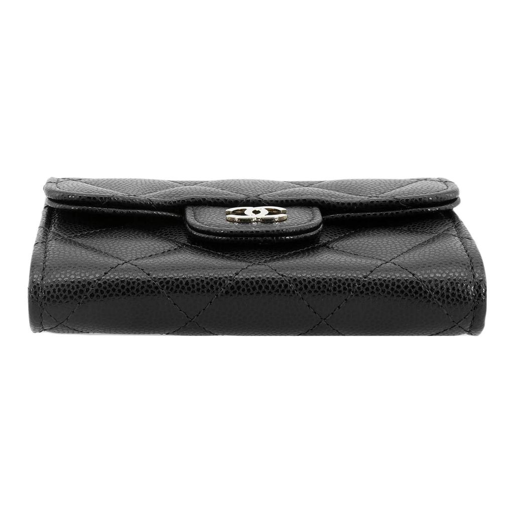 CHANEL Women's Card Holder and Wallet  Black  with Gold Buckle  Classic Diamond Pattern  Short  Double-Layer Flap  Grainy Calfskin